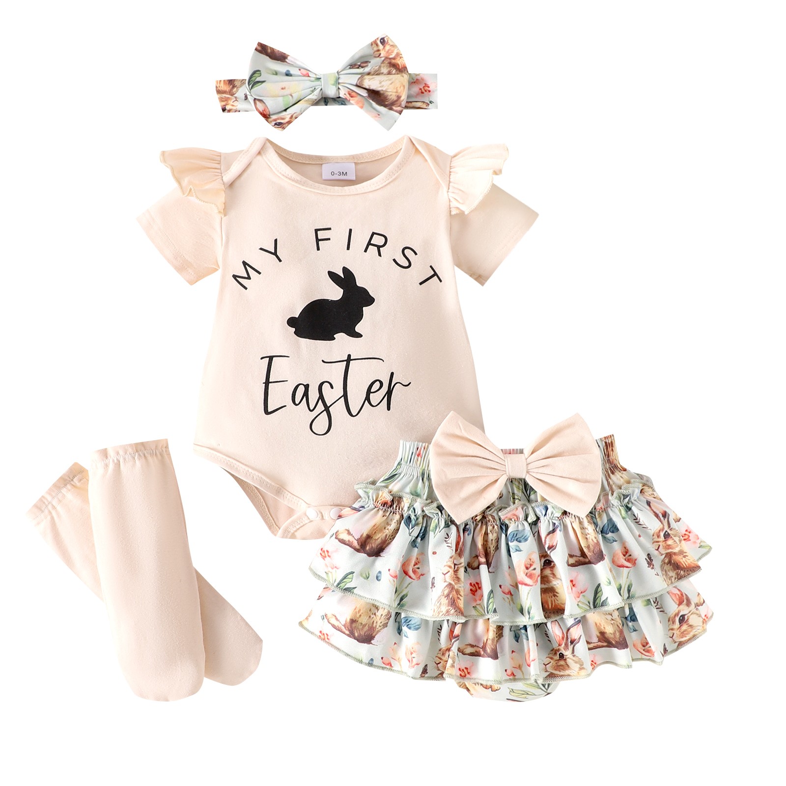 Girl Easter Outfit Summer Suit Easter Bunny Print Short Sleeve Suit + Shorts Suit Two Set Khaki,6-9 Months